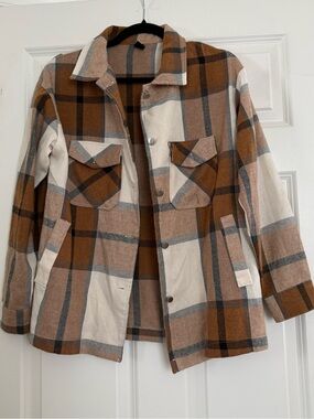 SHEIN Brown, Cream & Gray Plaid Button-Up Shacket